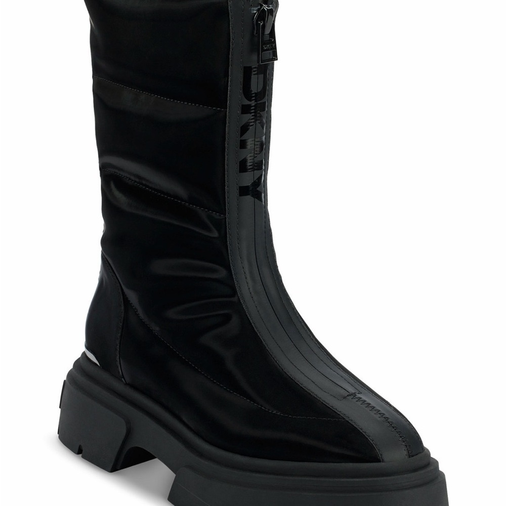 DKNY Fiza Black Platform Zipper Boots Chunky Sole Almond Toe Sz 10 NEW